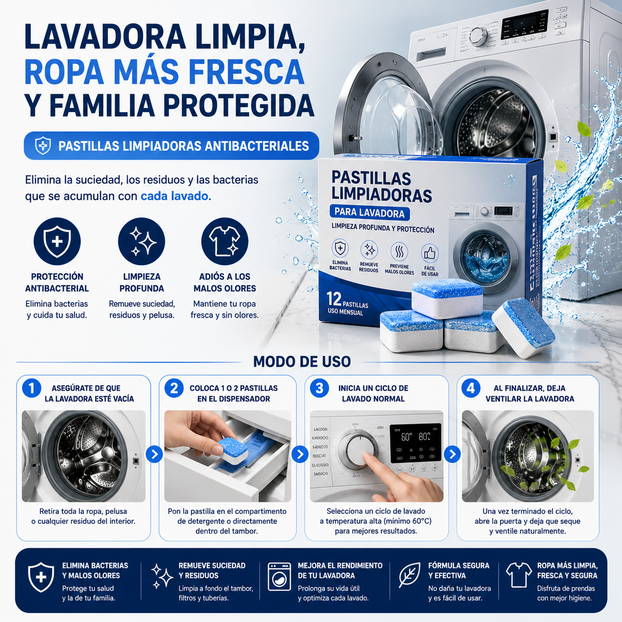 Pastillas efervescentes limpia lavadora | 12 piezas